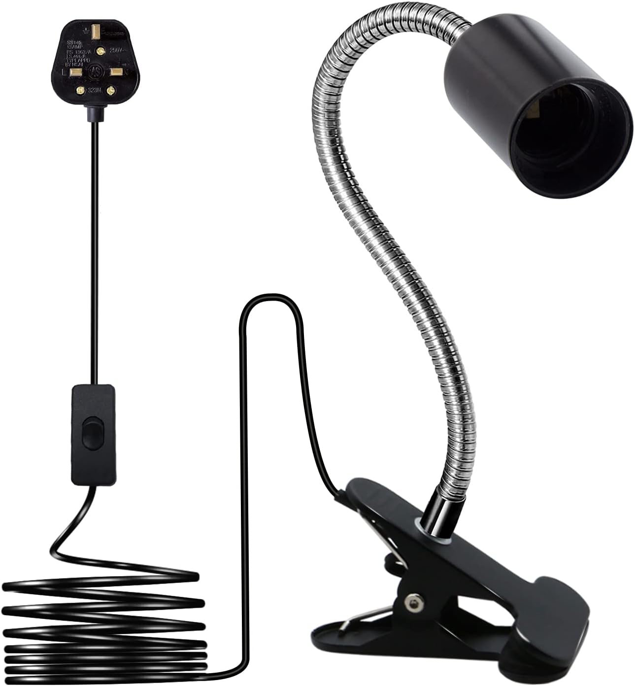 Akynite Black Clip on Light Bulb Holder E27 with Plug, Flexible Clamp