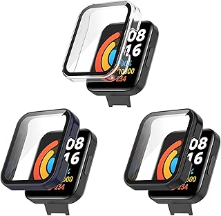 Pacote com 3 capas protetoras de tela compatíveis com acessórios para smartwatch Redmi Watch 2 Lite, vidro temperado resistente a arranhões capa protetora completa para Redmi Watch 2 Lite (3-transparente, azul, preto)