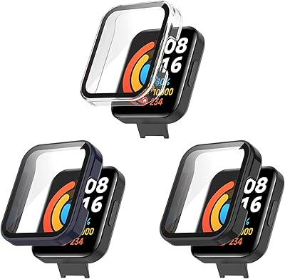 3Pack Screen Protector Case Compatible with Redmi Watch 2 Lite Smartwatch Accessories, PC Bumper Tempered Glass Scratched Resistant Full Protective Cover for Redmi Watch 2 Lite (3-Clear,Blue,Black)
