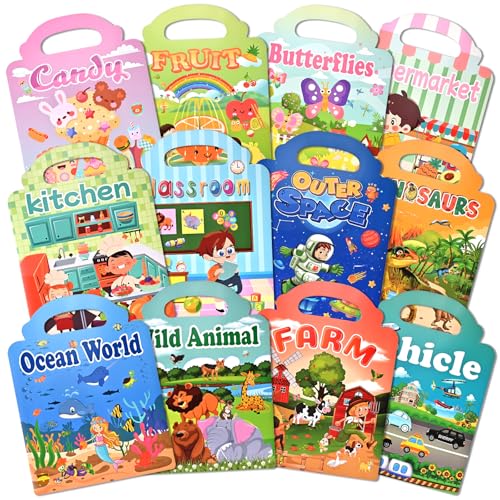 GOLDGE 12 Stickers Book, Libri Adesivi Bambini Attacca e Stacca — Trasporto, Animali, Fattoria, Spazio, Mare, Supermercato, Cucina, Scuola, ecc, Regalo Compleanno Riutilizzabile per Bambini 2-6 Anni
