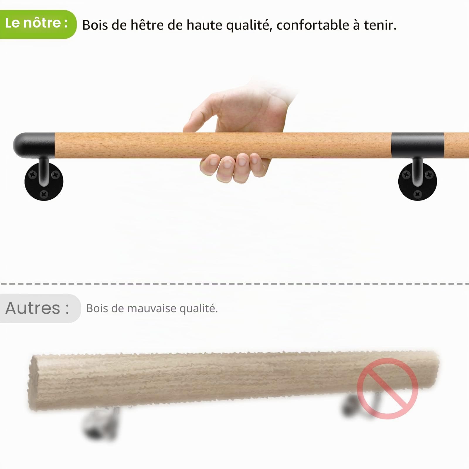 Dolibest Main Courante 250cm Escalier Rampe Escalier Bois Poignée Sécurité | Escaliers Intérieurs Extérieurs,Personnes Âgées Handicapées Enfants,Couloirs Passages Terrasses Balcons,Ronde 3.8cm/227KG