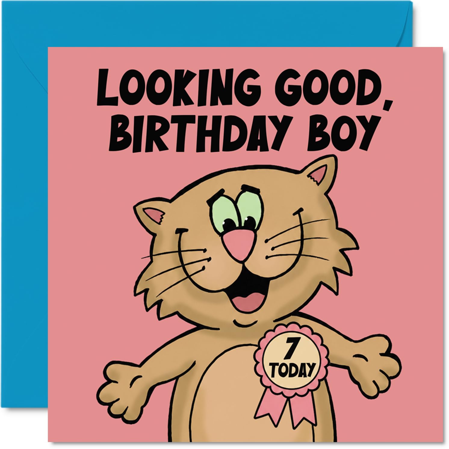 Playful 7th Birthday Card - Cheeky Cat Congratulates a Cool Birthday Boy - Cartoon Feline with Rosette and Bold '7 Today' Design - 145mm Square, Envelope Included