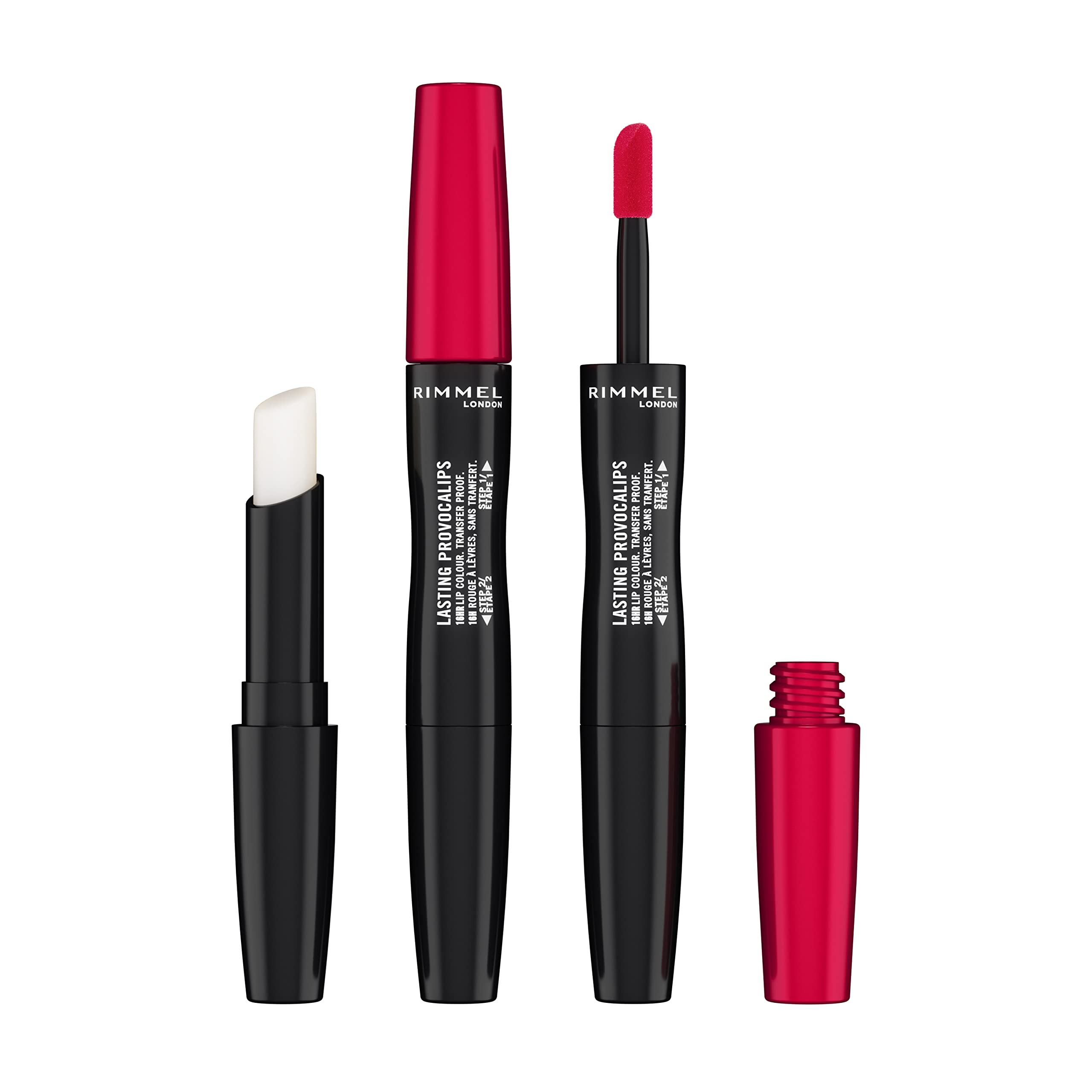 Rimmel, Lasting Provocalips, Labial fijo, 500 Kiss the town red, Paso 1: 2,3mL, Paso2: 1,6g