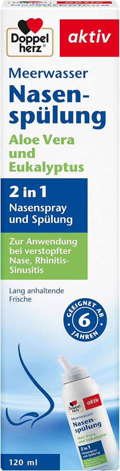 Doppelherz Meerwasser Nasenspülung - zur Anwendung bei verstopfter Nase, Rhinitis-Sinusitis - mit Aloe-Vera und Eukalyptus - 120 ml