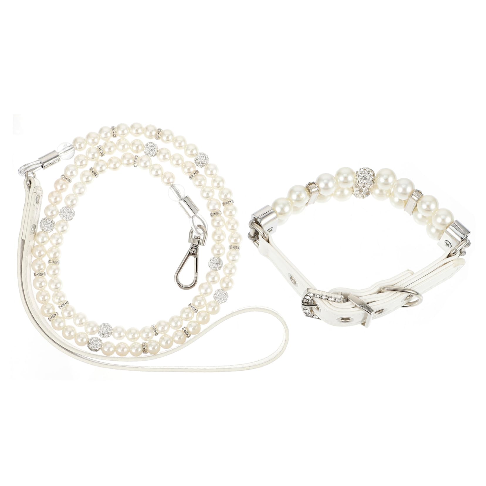 Collare e Guinzaglio Cane Perle Finte Bianco in Pelle PU 2 Pezzi | Regolabile e Staccabile, per Cuccioli e Cani Piccoli, per Addestramento, Feste, Matrimoni e Foto, Bianco
