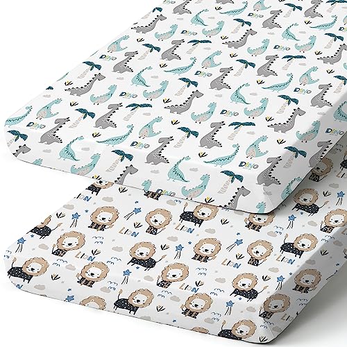 Image of Pack n Play Sheets, BROLEX 2 Pack Mini Crib Sheets,Stretchy Portable Fitted Playard Sheet Set, Convertible Playard Mattress Cover,Ultra Soft Breathable Material,Dinosaur Lion