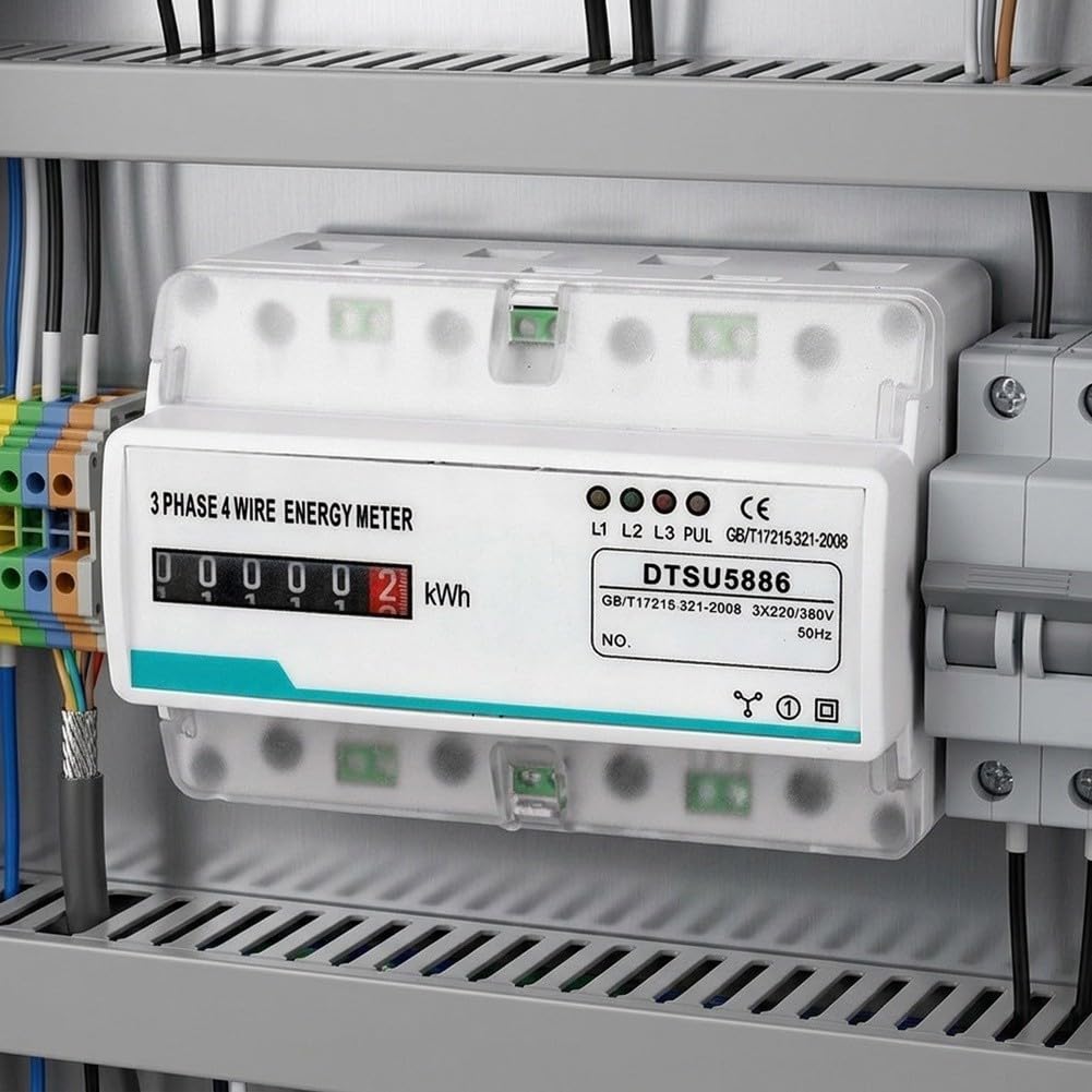 Contador trifásico de 4 conductores 100 A 220/380 V clase 1.0 | Clase de precisión 1.0, indicador de contador de rodillos, ABS ignífugo, medición bidireccional, montaje en carril de 35 mm