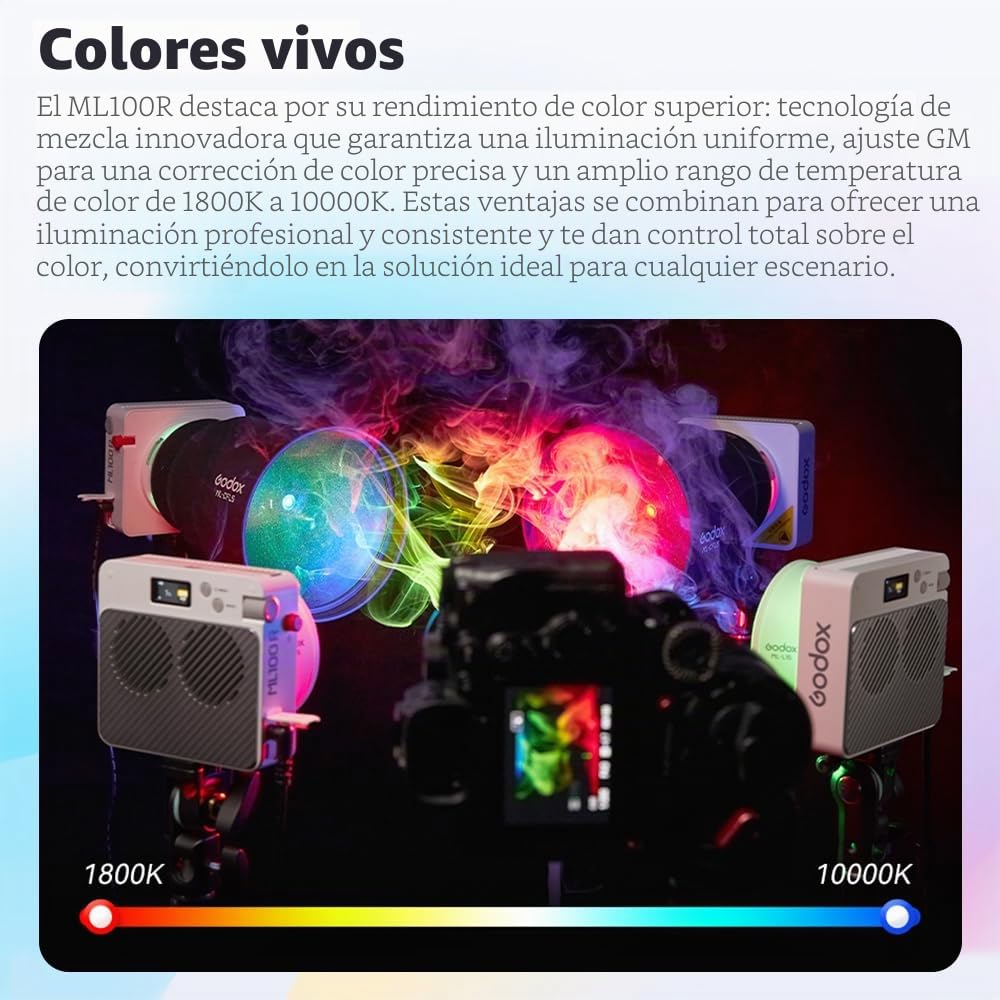 Godox ML100R 110W RGB led luz de vídeo, Kit de iluminación de vídeo RGB 1800K-10000K, Control de Aplicaciones,14 Efectos FX, para transmisión en Vivo/fotografía al Aire Libre(ML100R)