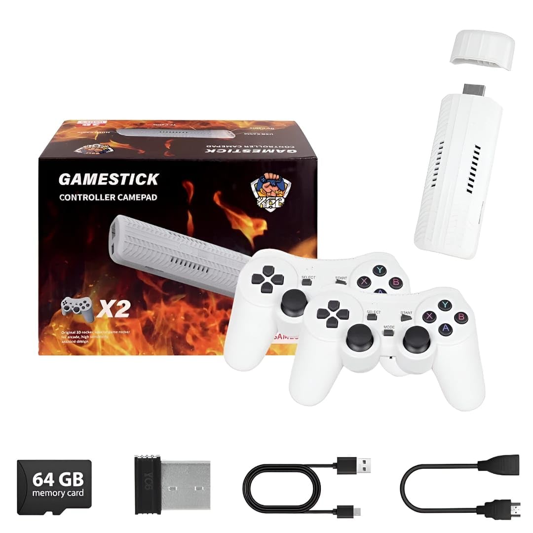 M66 (X2) Retro GameStick 64GB 4K HD Output with 52 Emulators 30000+ Built-in Classic Games Plug & Play TV Gaming Console Dual Wireless Controllers Anti-Skid Design Two Player Support