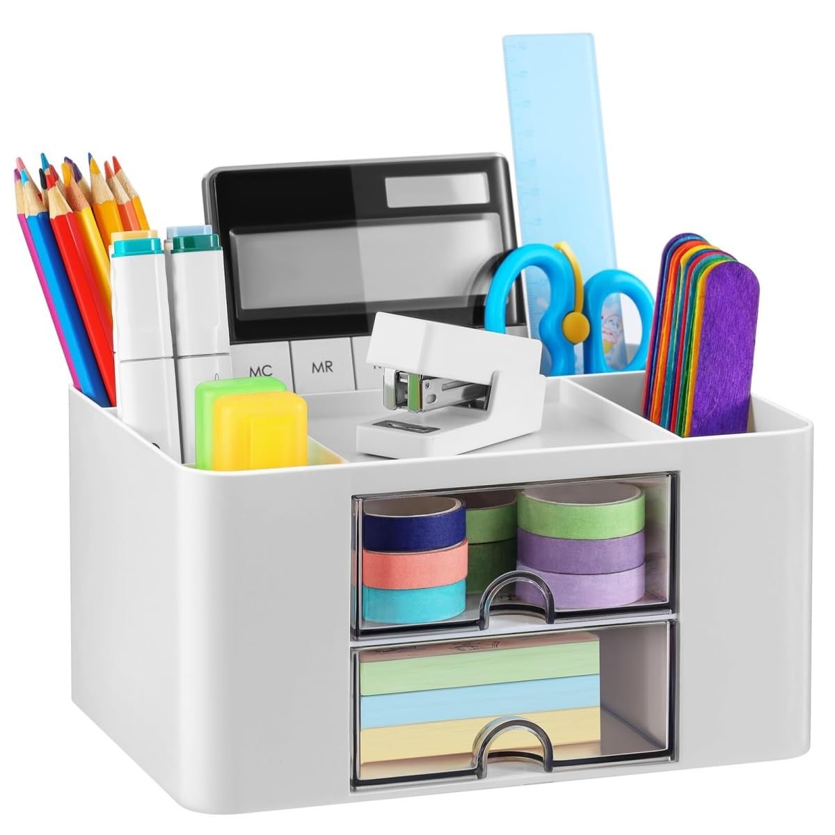 Organizer Scrivania Portapenne in Plastica con 2 Cassetti, da Scrivania for Articoli Artistici for Ufficio Conservazione Forniture(White)