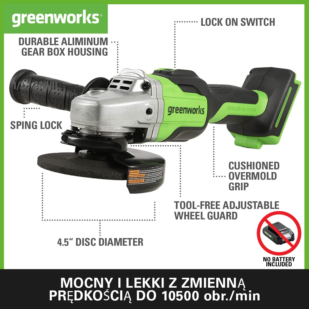Greenworks GD24AG Akumulatorowa Szlifierka Kątowa z Okrągłą Tarczą 125 mm, 10500 obr./min, Prawo lub Leworęczna BEZ Baterii i Ładowarki 24V