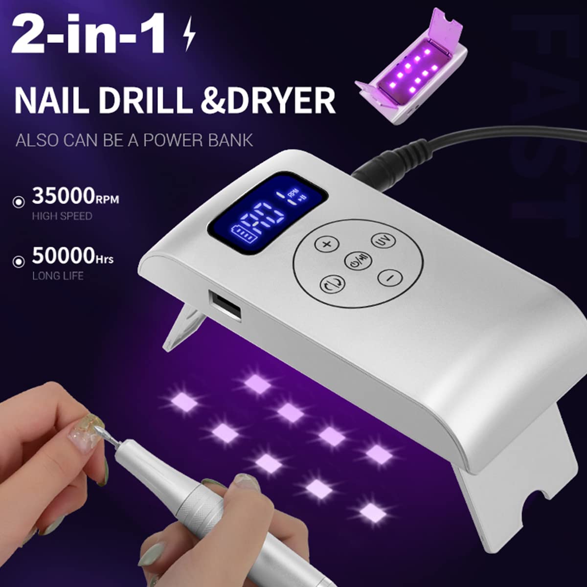 Taladro de uñas eléctrico portátil 3 en 1, compacto de 35000 rpm, kit de lima de uñas profesional eléctrico, secador de uñas, lámpara UV, manicura para acrílico, uñas de gel, manicura y pedicura,