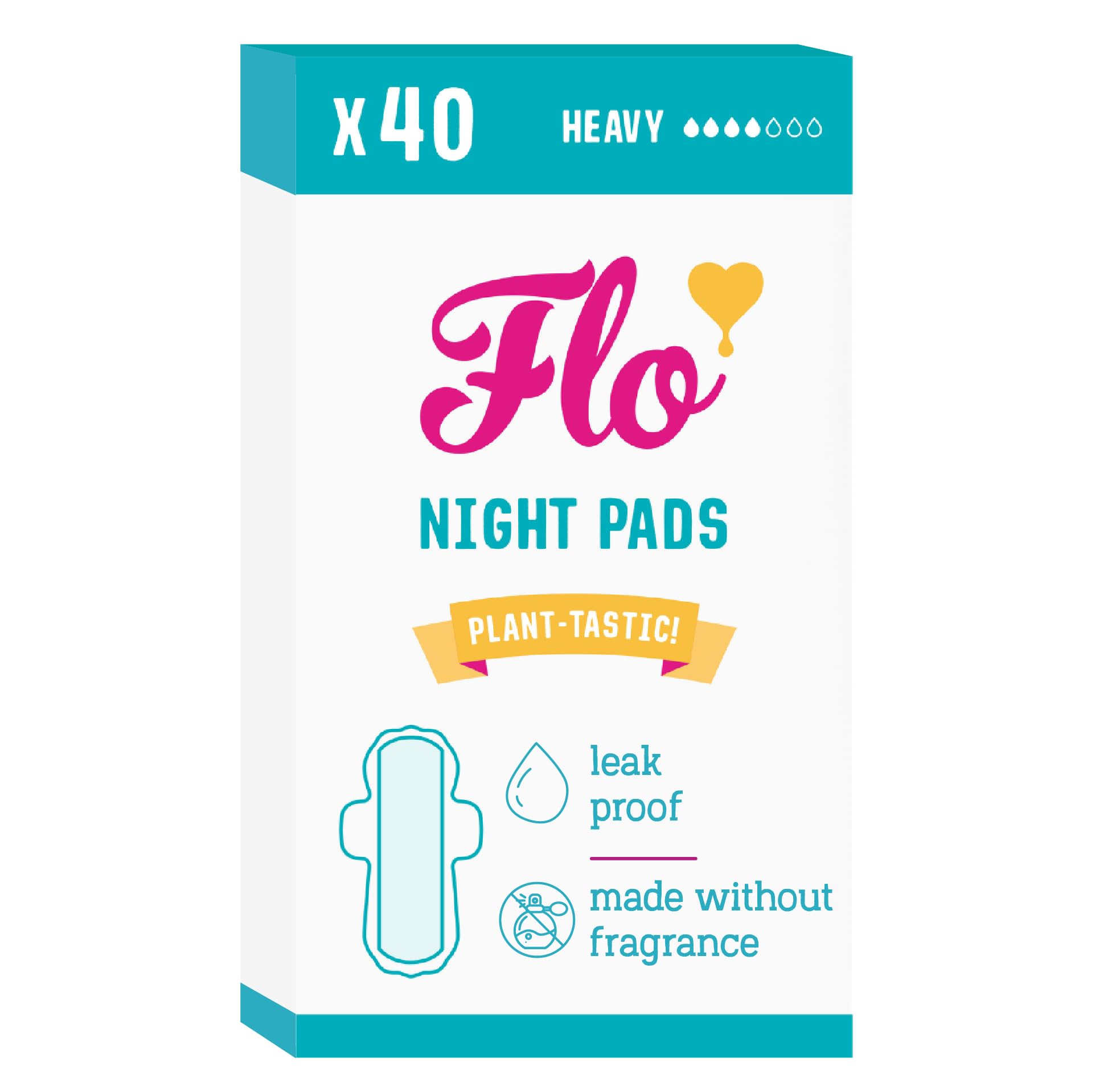 Flo - Night Menstrual Pads (40 Pack) - Organic Bamboo Period Pads for Women - Heavy Flow - Leak Locking - Winged, Ultra-Thin - Absorbent, Soft &amp; Breathable - Plant Based – Vegan, Cruelty Free