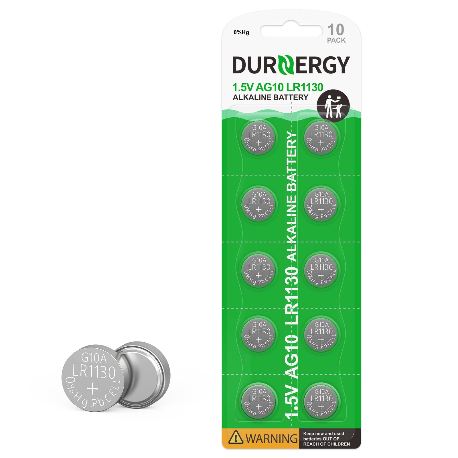 DURNERGY LR1130 Battery 10 Pack, AG10 Button Cell Batteries, 389 Watch Battery, LR1130 Button Cell Batteries LR54 1.5V Battery 189 Alkaline Battery