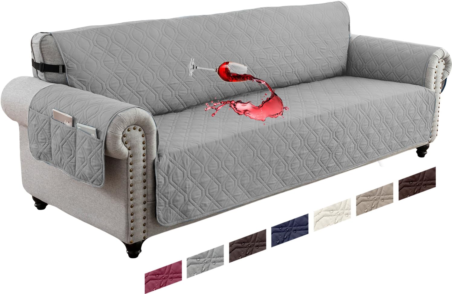 LINGKY Waterproof Sofa Cover 4 Seater Non-Slip Sofa Slipcovers, Reversible Washable Sofa Protectors from Pets & Kids with Elastic Straps Quilted Couch Covers (Light Grey,4 Seater)