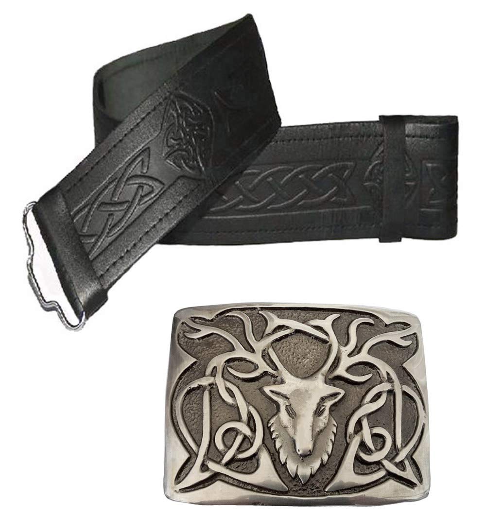 Maze Embossed Black With Antique Stag Swirl Buckle Leather Kilt Belt And Buckle - Many Sizes And Designs To Choose From (Size 36-42 Inches, Embossed Black With Antique Small Thistle Buckle)