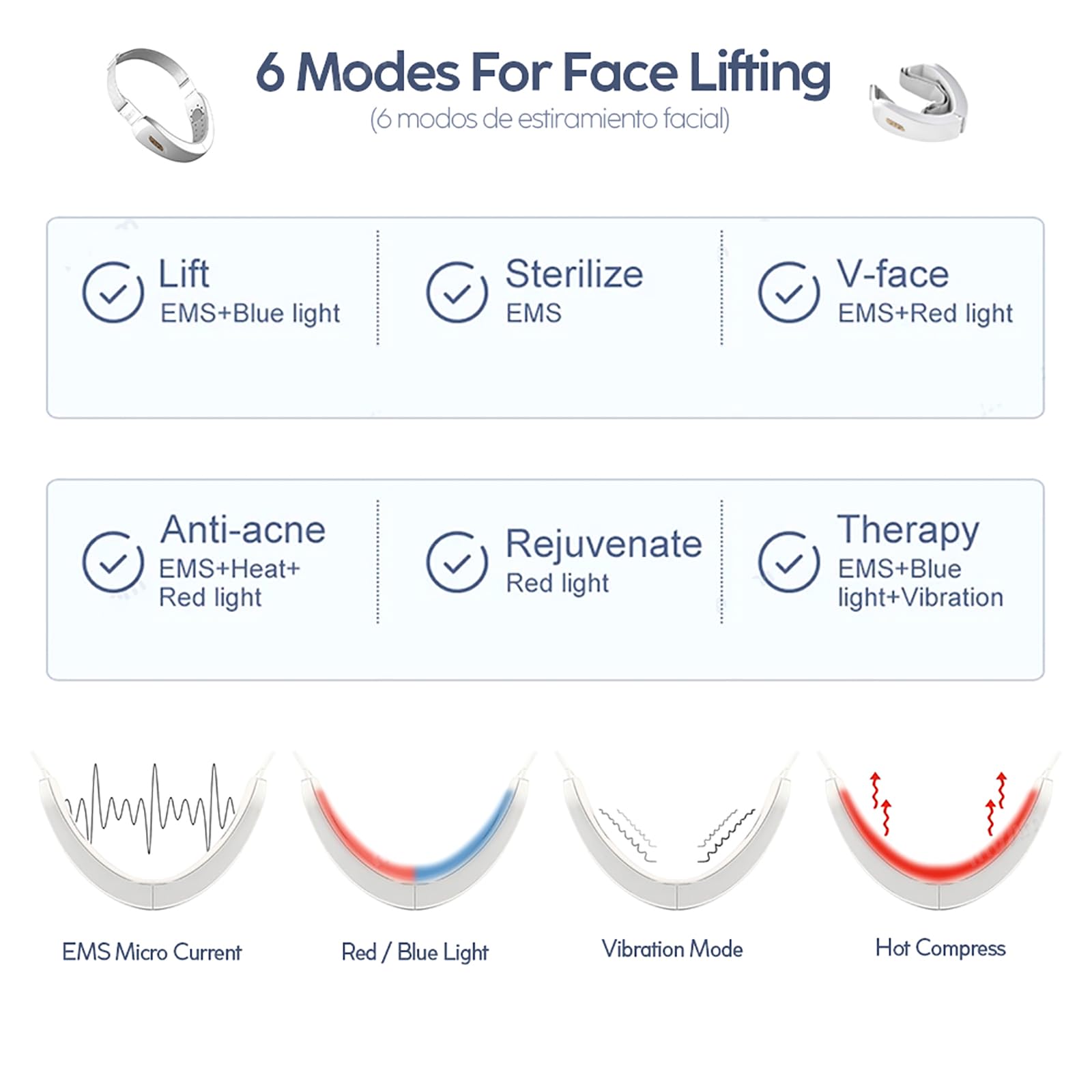Dispositivo Eléctrico Para Adelgazar Facial En Forma De V, Máquina Reductora De Papada, 6 Modos Y 6 Niveles De Intensidad Ajustable, Perfil Compacto Y Aprieta El Músculo Facial, Para Piel Suelta