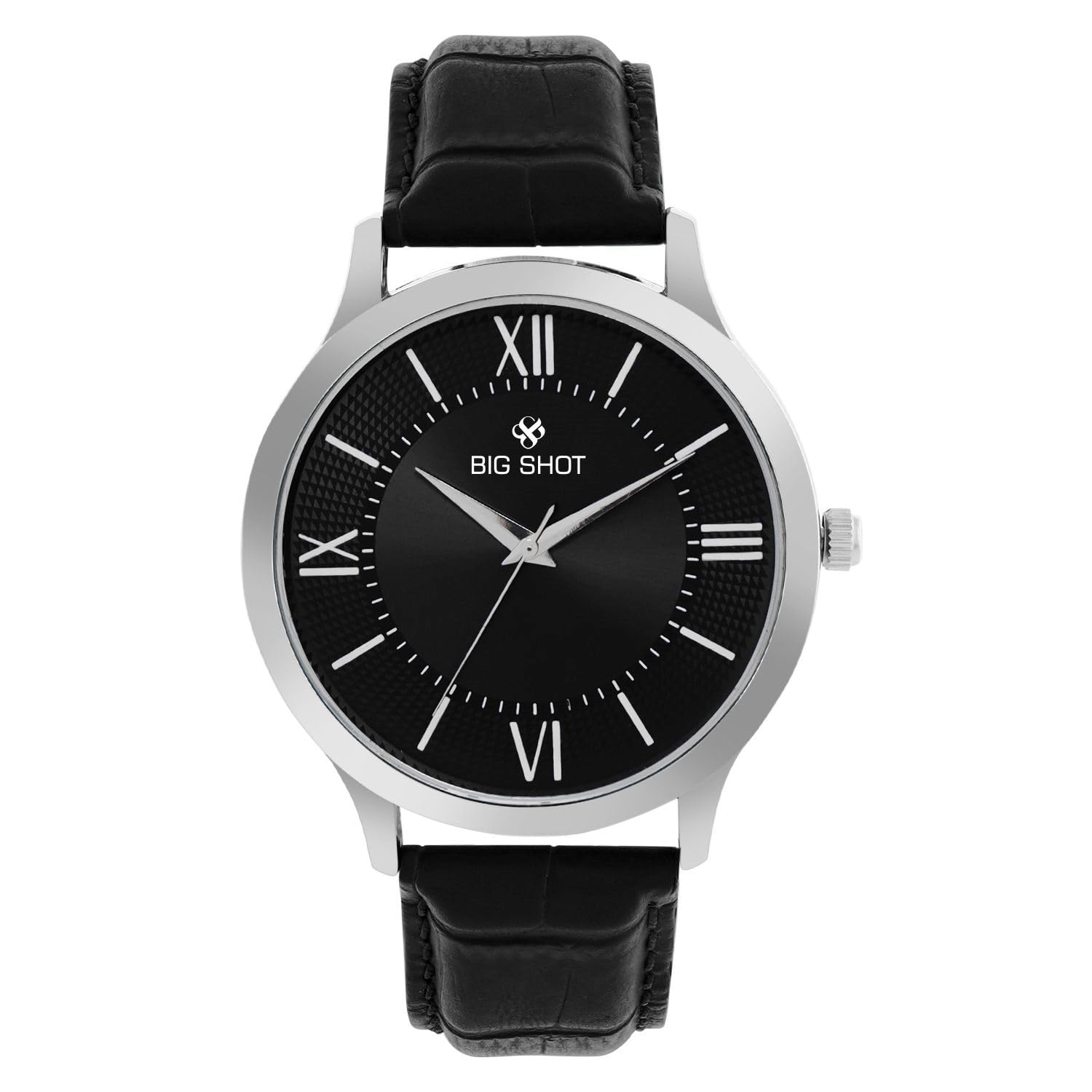 BIG SHOTAnalog Wrist Watch for Men, 40 mm Silver Dial, Black Leather Strap, Black Brass Case, Water Resistant (BSM064C)