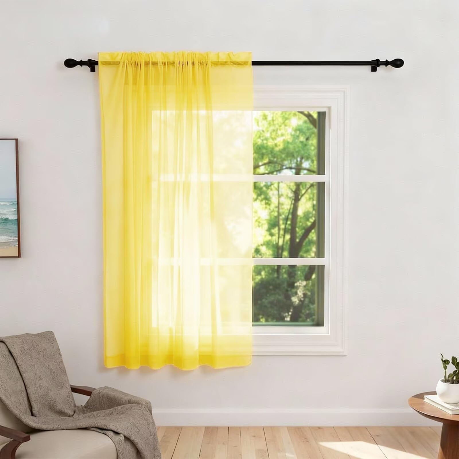 Zdada Net Curtains for Windows 45 Drop, Yellow Slot Top Voile Curtains, Semi Transparent Sheer Curtain Net Curtain Panel for Living Room Kitcken W60xL45 Inch,1 Panel