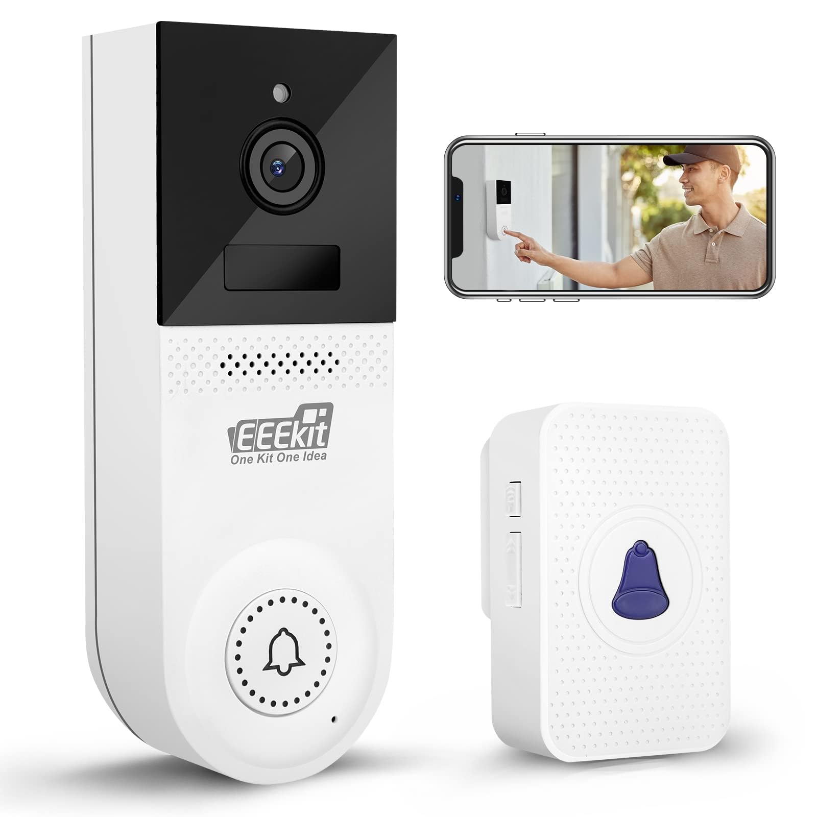 EEEKit Doorbell Camera Wireless, Smart WiFi Video Doorbell Camera with Chime, Support 2.4G WiFi, 2-Way Audio, Smart Human Detection, Night Vision, Cloud Storage, Battery Powered, Live View for Home