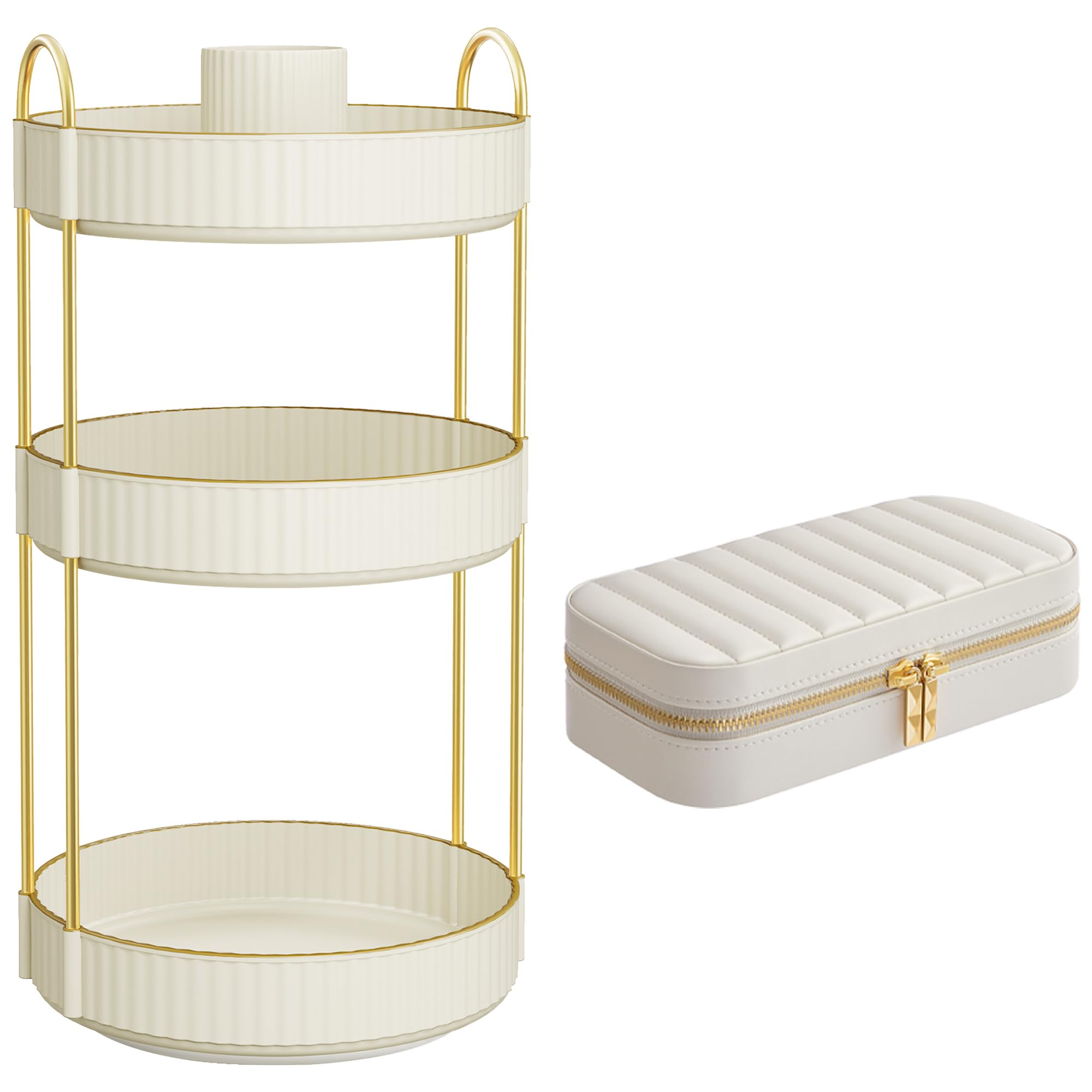 SONGMICS Makeup Organizer and Travel Jewelry Box Bundle, Customizable, Portable, PU Surface with Stitching, Gift Idea, Cloud White UJKA011W01 and UJBC180W01