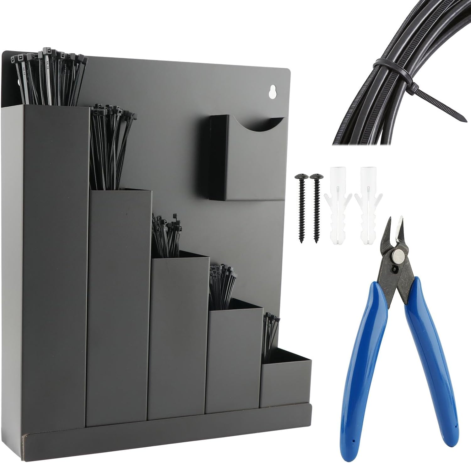 Cable Zip Tie Holder, Wall Mount Storage Rack Organizer with Tool Pliers & Cable Tie, Metal Storage Holder for Workshop Shed Shop Garage, Fit Various Lengths Zip Tie