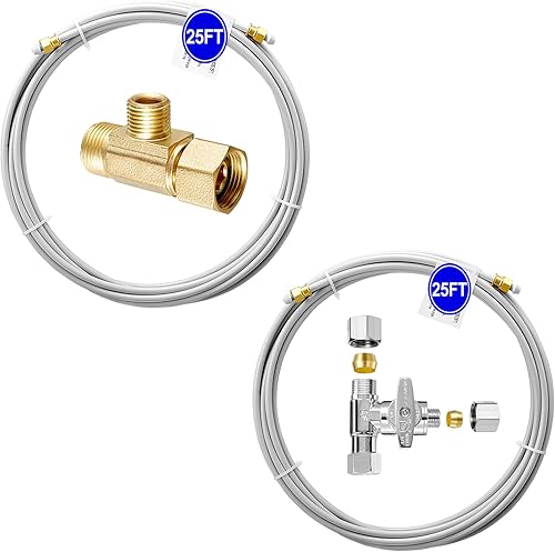 PEX - Kit de línea de agua para refrigerador, tubo para máquina de hielo de 25 pies con T, manguera flexible con accesorios de compresión de 14