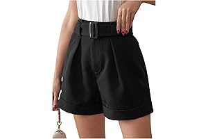 Women's High Waist Belted Shorts: Pleated Roll Hem with Wide Legs