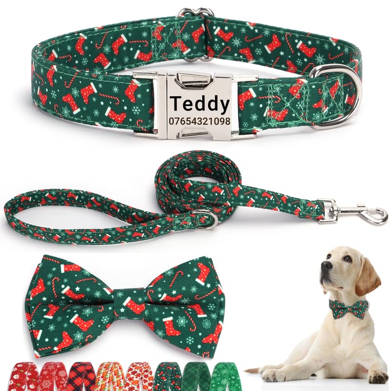 SEOUGEE Christmas Dog Collar Personalised with Bowtie & Lead Set, Adjustable Cotton Dog Collars and Leash with Engraved Metal Buckle for Large Dogs (Green Stocking Set, XL:Neck 45-70cm) — image 1