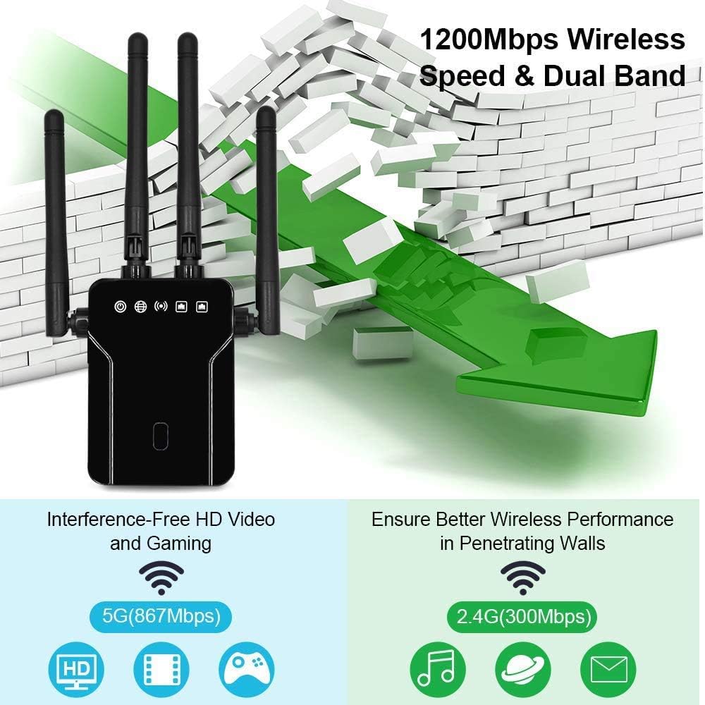 Crazy Clearance WiFi Range Extender, 1200Mbps WiFi Booster Repeater Dual Band 2.4G & 5G Signal, WiFi Signal Booster Amplifier 360°Full Coverage, Extend Signal for Home Alexa Devices[Simple Set]