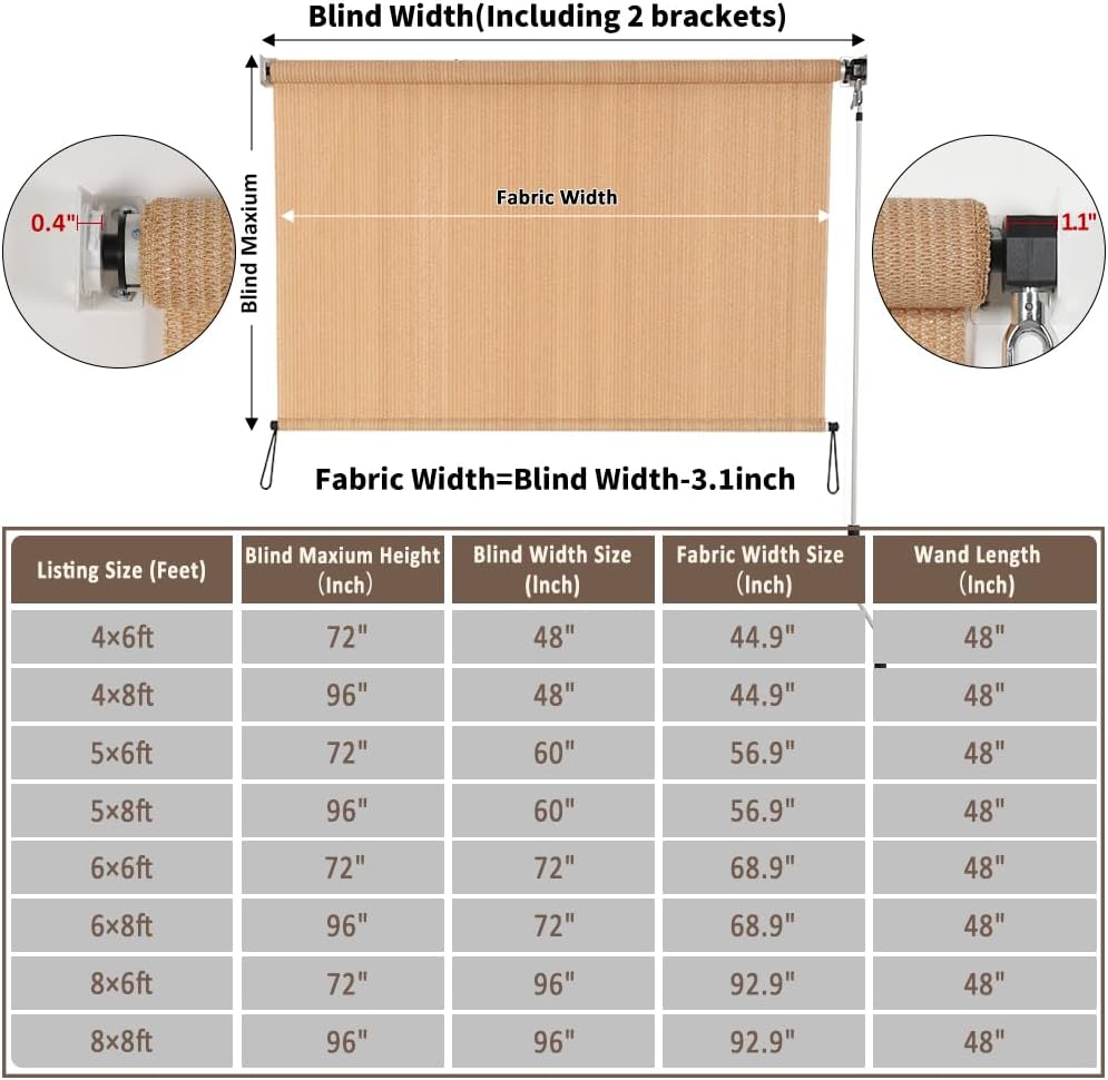 SMONTER Outdoor Sunshade Roller Shade 8'W x 8'H (96" Wx96 H), Exterior Cordless Roll Up Shades Blinds, UV Protection Shade Cloth with Crank Operation for Outside Windows Patio Porch Gazebo, Walnut