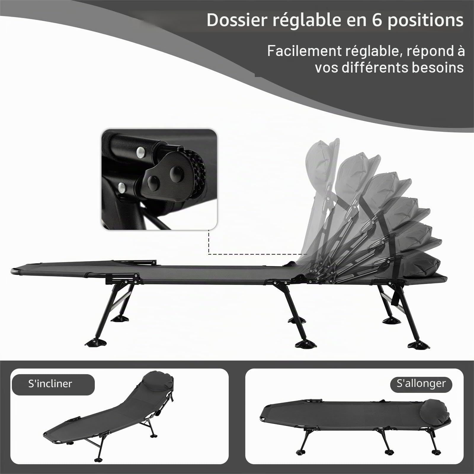 SOARS Chaise longue pliable pour pêche à la carpe - 6 positions réglables - Avec oreiller et matelas - Chaise longue stable à 6 pieds - Charge maximale : 200 kg - 194 x 66 x 29 cm