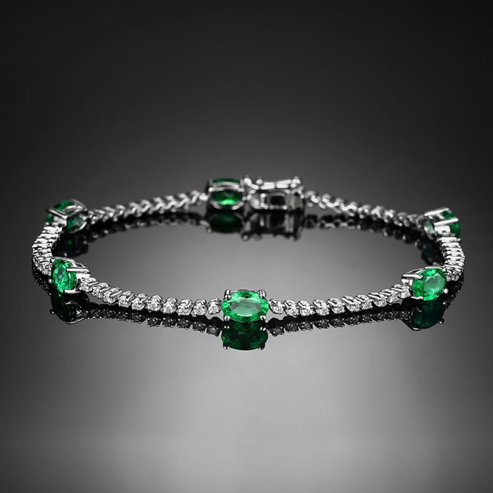 Pulsera Mujer de Oro Blanco 9Kilates / 14Kilates / 18Kilates, Oval con Esmeralda y Diamante, Cadena 16 CM, Pulsera para Mujer de Plata Verde