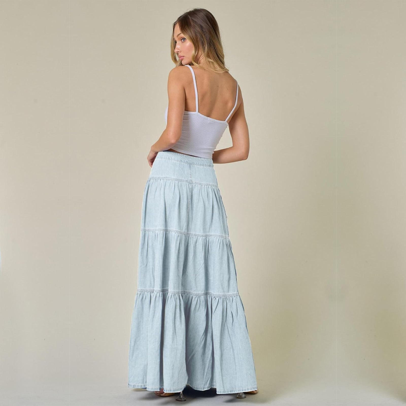 Jeansrock Damen Lang Maxirock High Waist Denim Rock A-Linie mit Taschen Elegant Stufenrock Knopfleiste Boho Lange Röcke für Frauen Sommer Freizeitrock Vintage Style Stretch Baumwolle