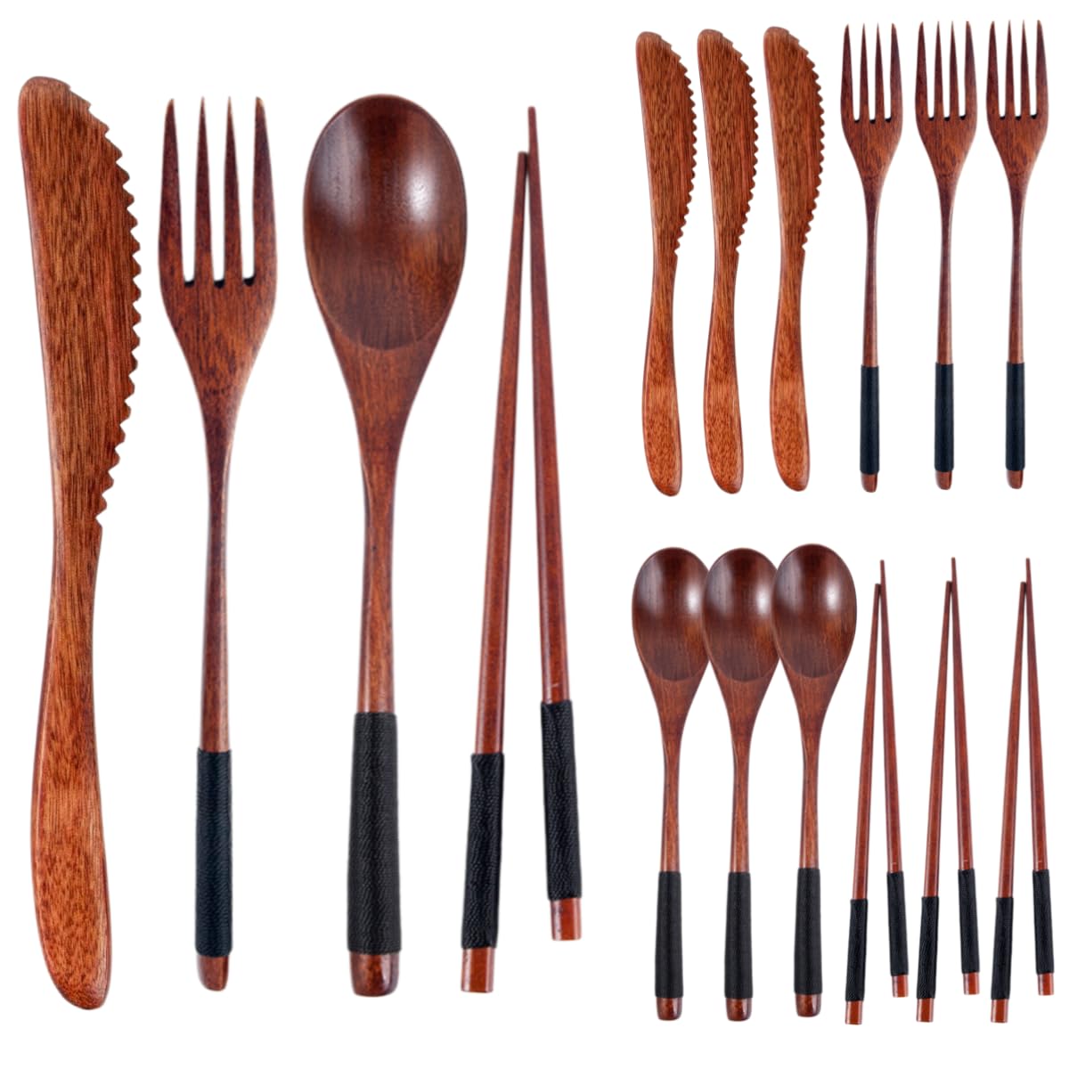 Cucchiai E Forchette Di Legno Set Portatile Di Bacchette Posate Forchetta E Cucchiaio In Legno Color Noce Con Custodia Per Riporre Set Da Tavola Riutilizzabili Filo Nero 4 Set