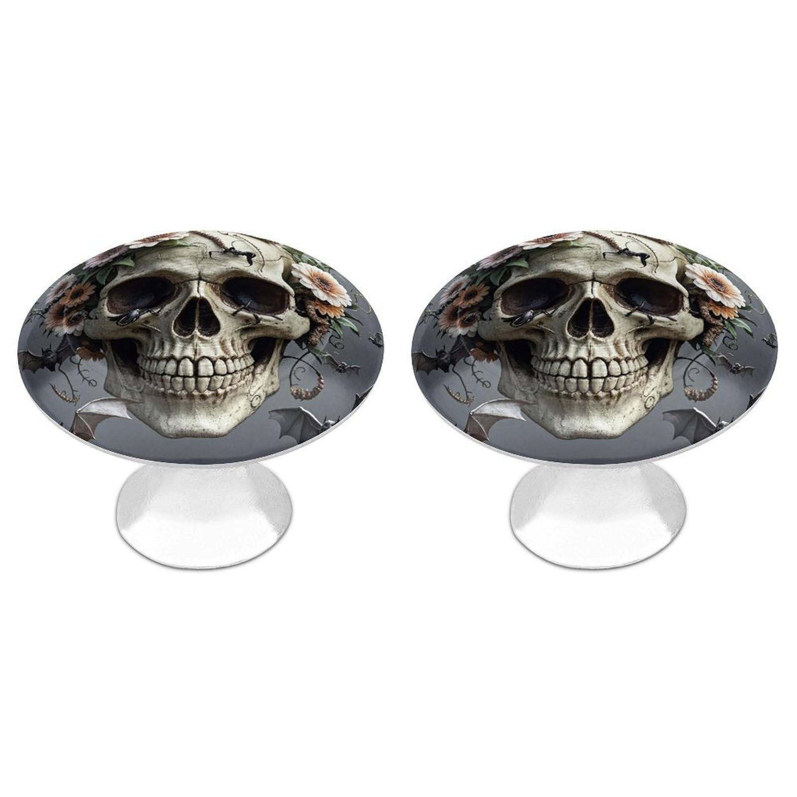 FekiLoot Skull Flower Cabinet Knob Kitchen Drawer Knob Stainless Steel Round Drawer Pulls Modern Cabinet Hardware Vintage Dresser Drawer for Kitchen Bathroom Closet Dresser Cabinets