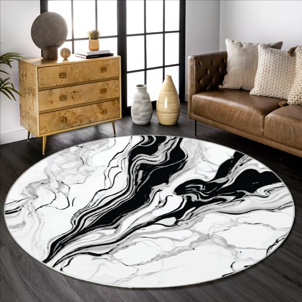 Minimalist Aesthetic Circular Area Rug 10ft Fluffy Wool Soft Black White Grey Marble Abstract Modern Round Rug for Living Room Bedroom Diningroom Unique Home Office Guestroom Dorm Circle Carpet