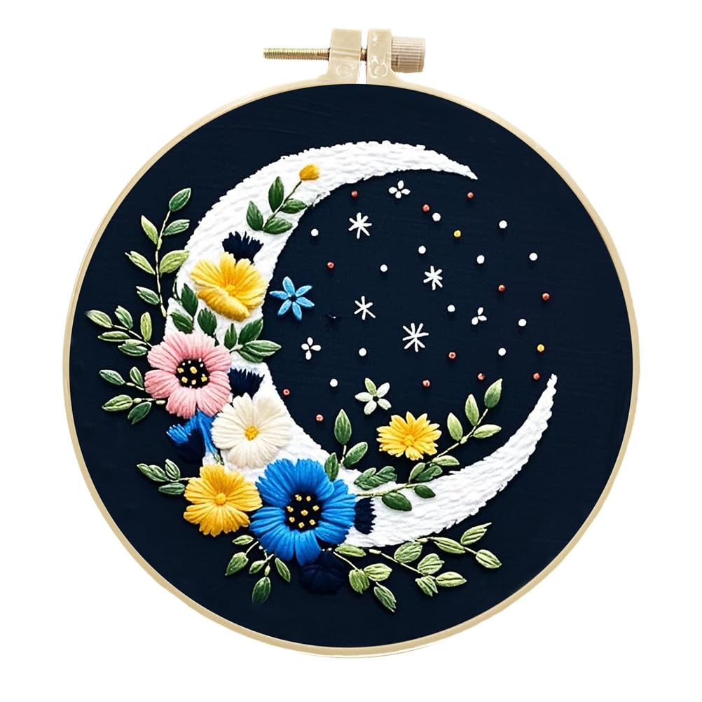 Meecaa Embroidery Kit Starter Set, Cat Moon Flower Animal Star Hand Embroidery Set, Pattern Printed Cross Stitch Set for Beginner Adults, with Embroidery Hoop and Instructions (Cat 3)