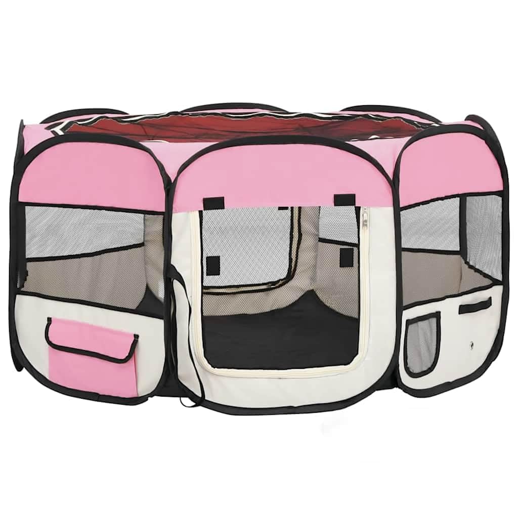 Składany park dla psów z różową torbą transportową 125x125x61 cm
