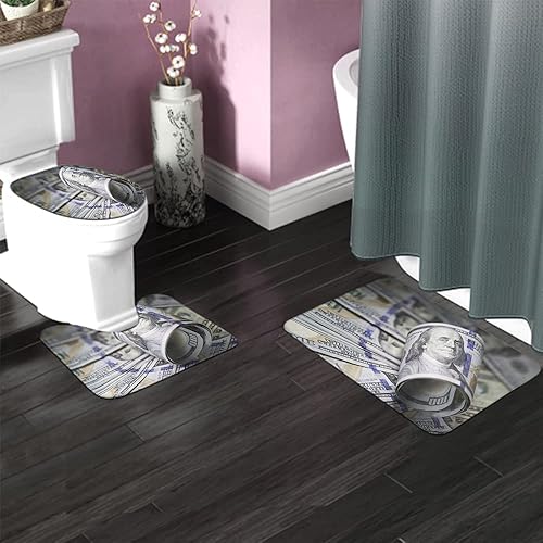 Miniatura 3 de WONDERTIFY Roll Hundred Dollar Bill - Juego de alfombras de baño de 3 piezas, tapete de baño+contorno+tapa de inodoro