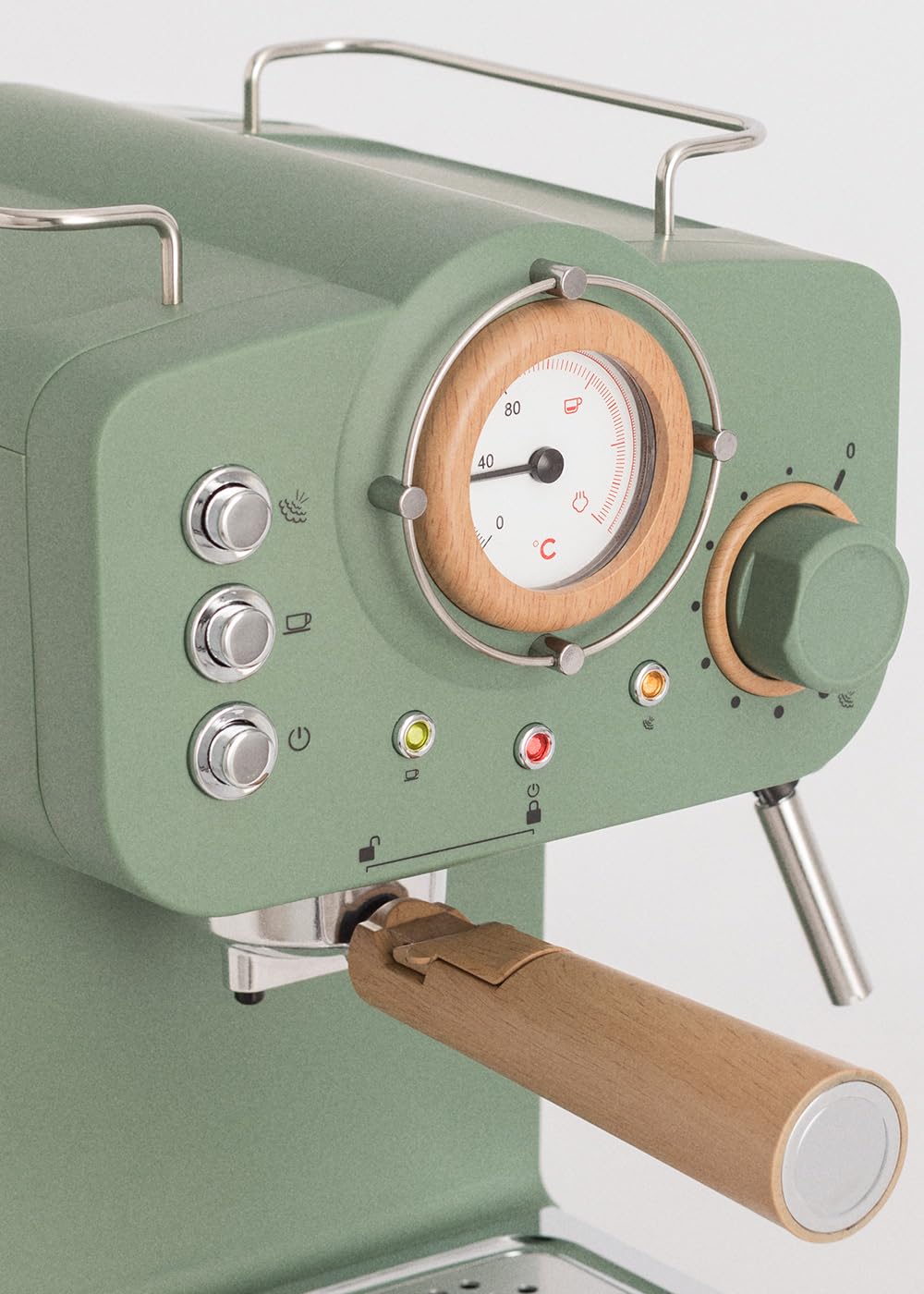 CREATE / THERA RETRO/Cafetière express semi-automatique vert sauge et bois / 20 bar, bras à double écoulement, réservoir 1,25L, café moulu et monodose ESE 55mm, avec steamer, 1100W