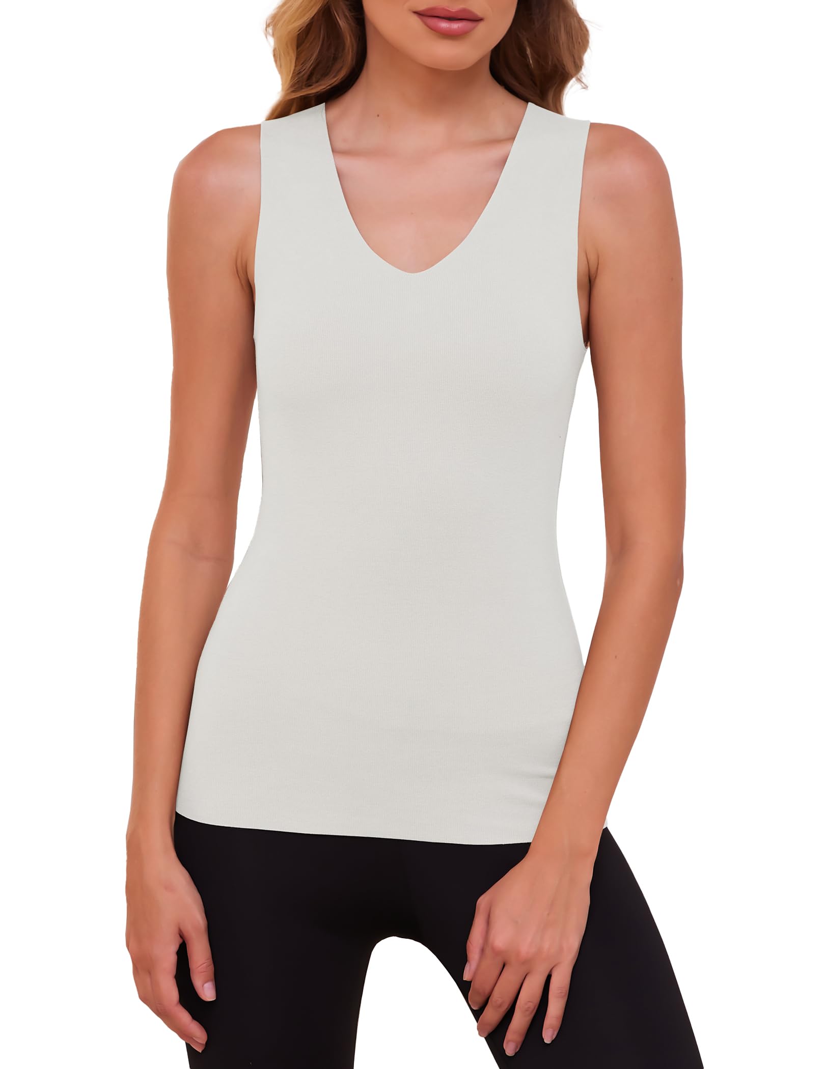 YYA V Neck Basic Tank Tops for Women Thermal Vest Winter Warm Tank-Top Sleeveless Undershirts, S-XXL