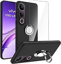 LYZXMY Case for Vivo V50 Lite 4G/V50 Lite 5G (6.77 Inches) Black Case + Rotating Ring Holder + Tempered Glass Screen Protector