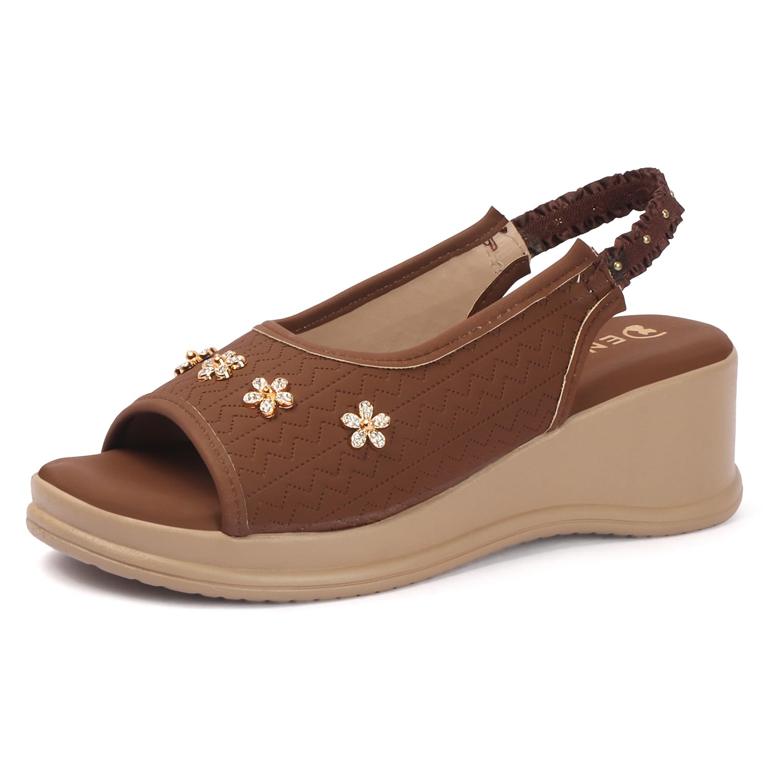 Women’s Brown Wedge Sandals Floral Embellished Peep Toe with Studded Elastic Back Strap(Brown) Uk-3-image-4