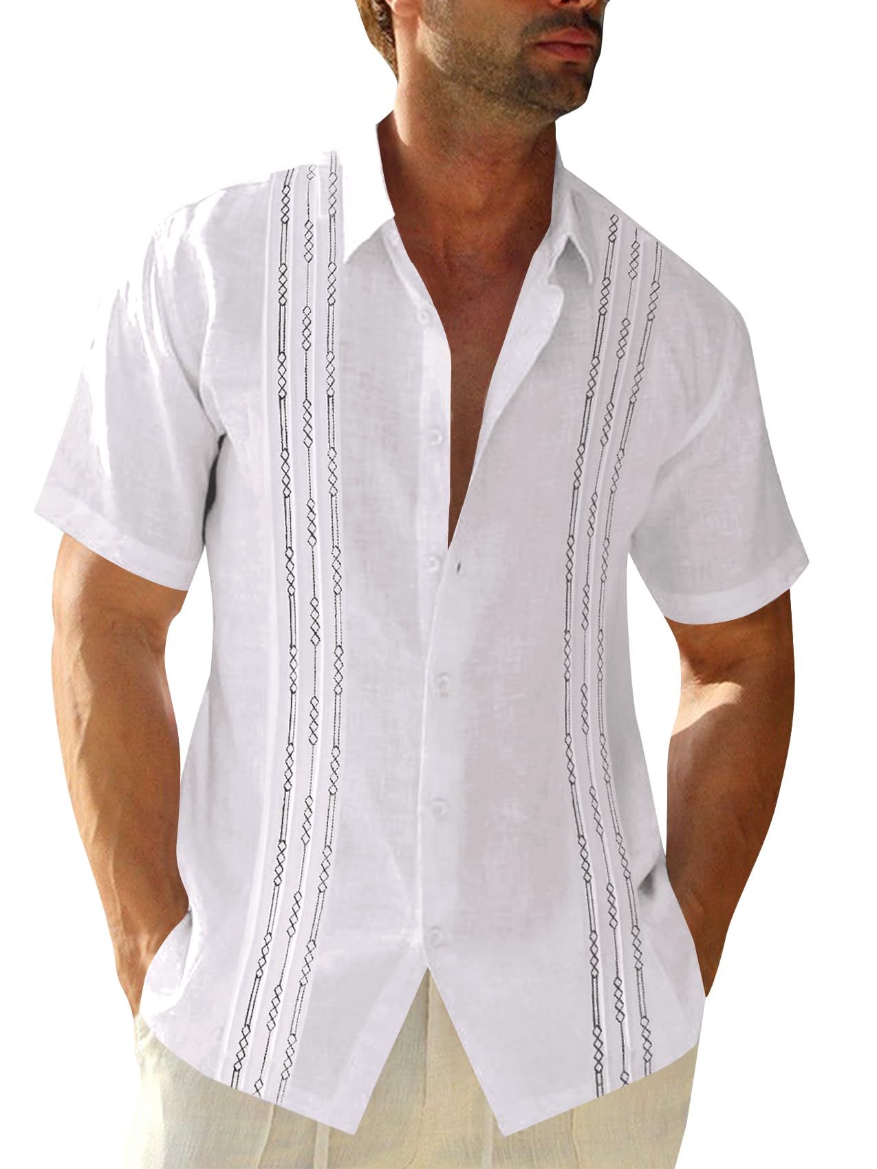 Mens Short Sleeve Guayabera Shirts Linen Cotton Button Down Mexican Embroidered Cuban Wedding Shirt Summer Tops