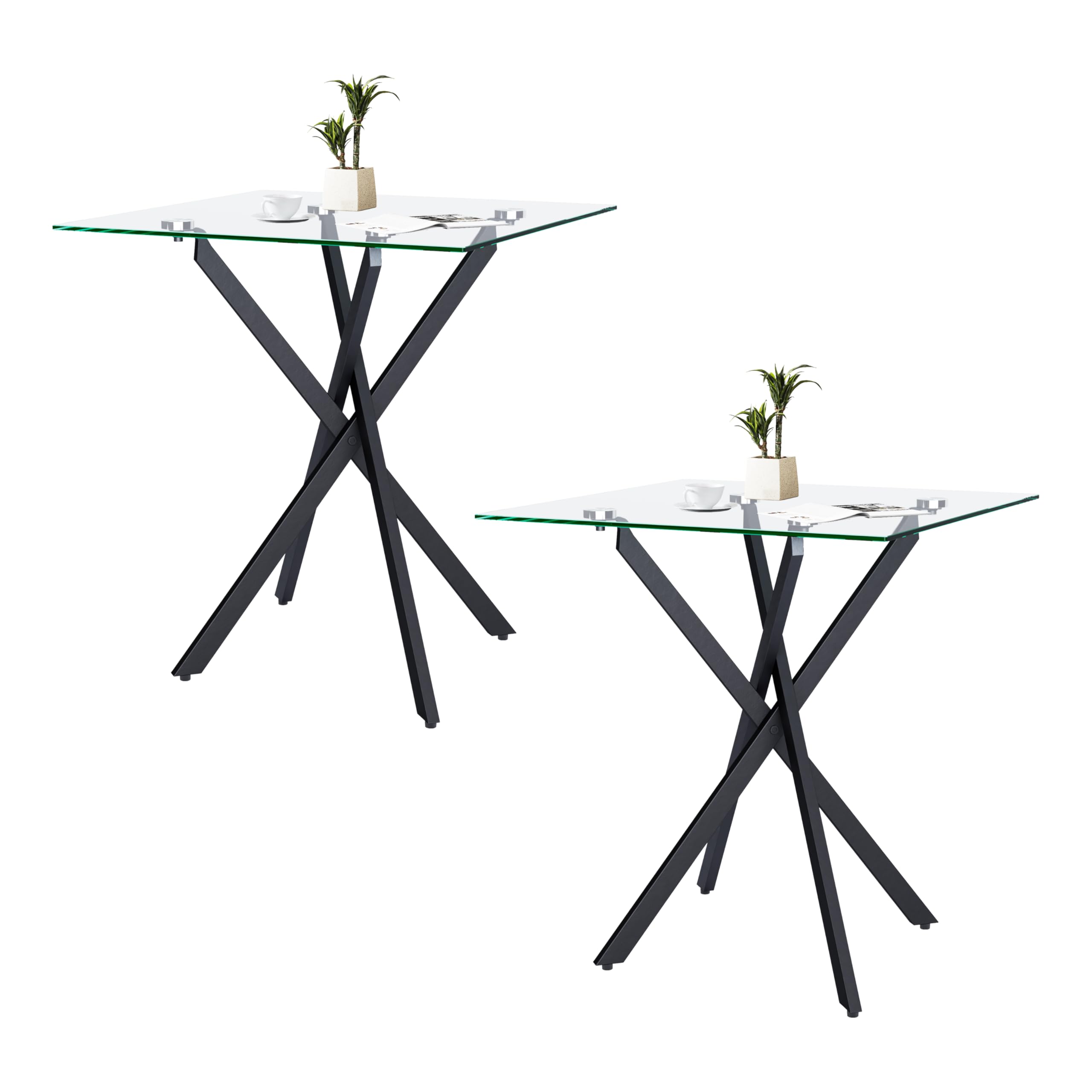 NIERN Small Side Coffee Table Set of 2 with Metal Legs, Tempered Glass Square Modern End Table for Living Room Sofa Home Office (2 Pieces, Black, 20"×