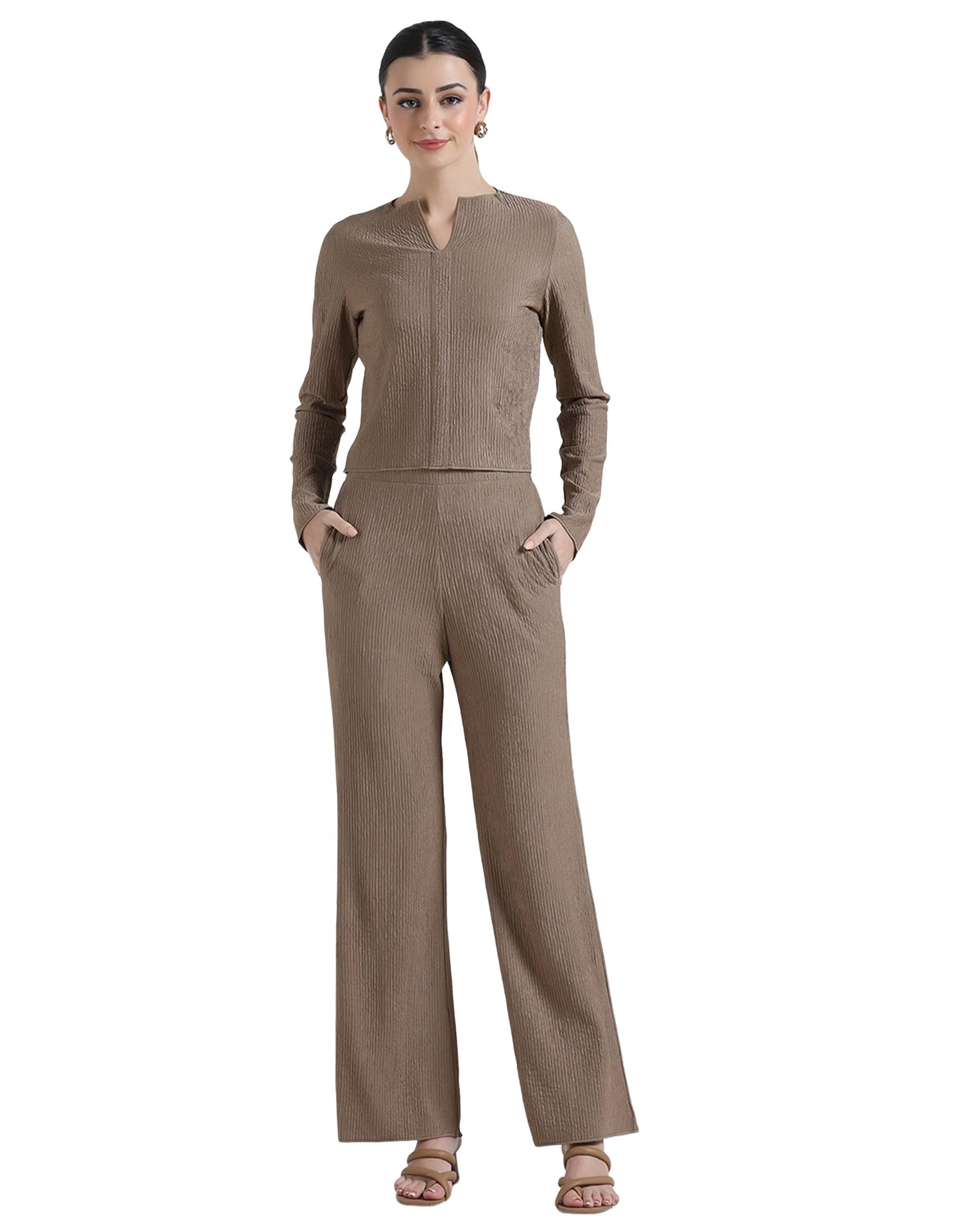 selvia Beige Lycra Textured Co-ord Set for Women, Top and Trouser Pant-picture-22