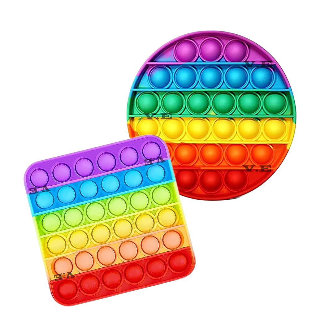 V.E 2 Pcs New Rainbow Push Pop it Bubble Fidget Toy,Stress Relief and Anti-Anxiety Tools Sensory, Silicon Satisfying Relaxing Toys & Great Gift for Kids Girls Boys Teens and Adults.(Squ+Round)