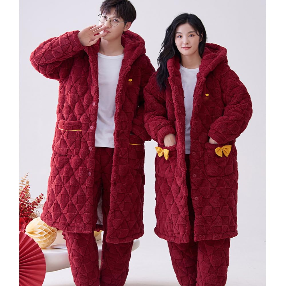 BEDAW Pigiami Spessi in Velluto di Corallo per Coppie, Set di Homewear Caldi, con Pigiama + Veste