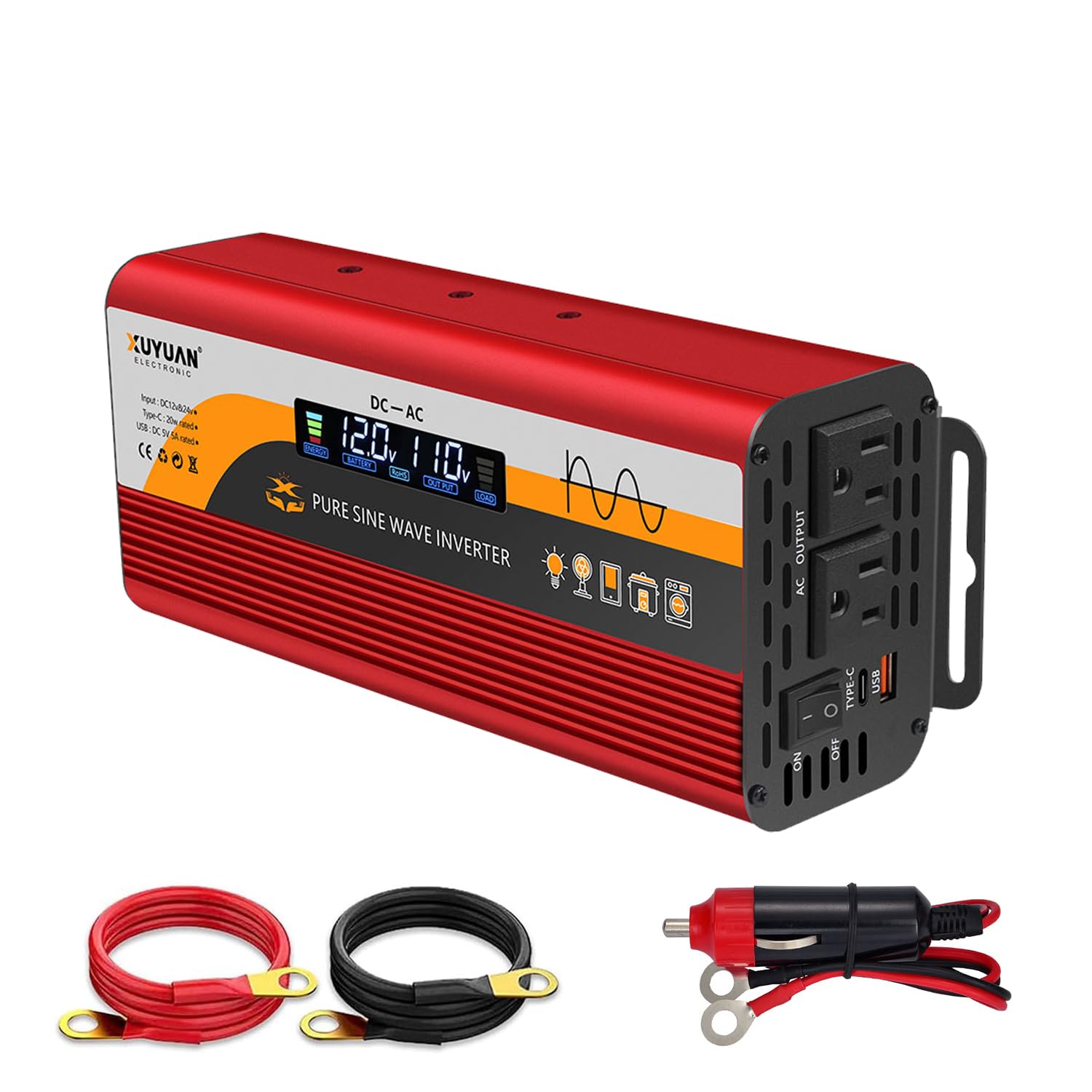 純正弦波インバーター 500W,50Hz/60Hzの出力周波数は自由に選択可能で 12V/24V自動対応 LCDカラー画面 バッテリー逆接続保護 TYPE-C急速充電 無音設計 過負荷・過熱保護 車載/家庭/アウトドア用 (レッド, 500W)